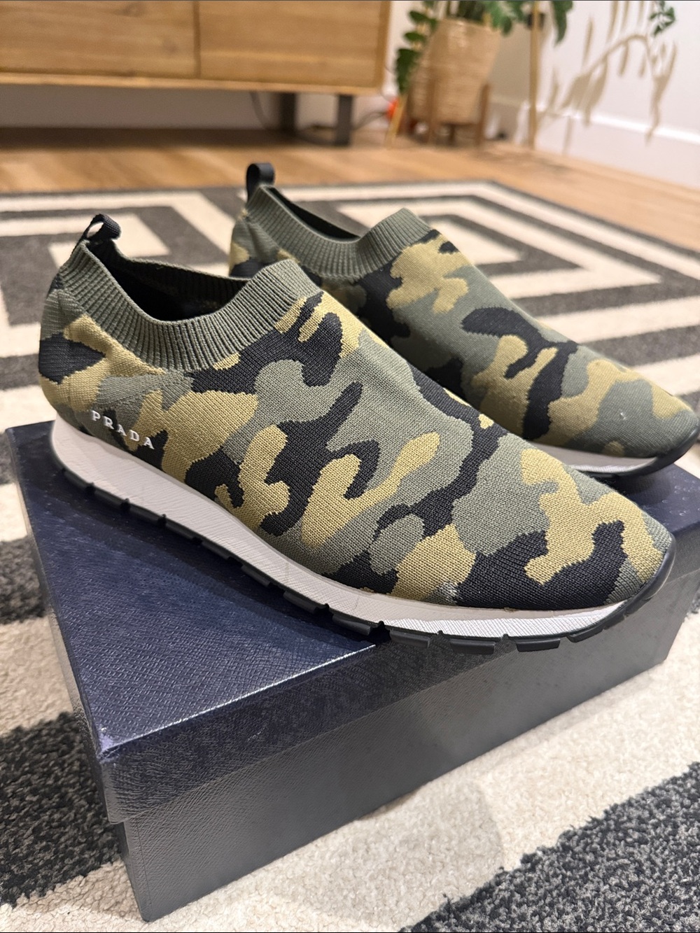 Prada Men’s Olive Green Camo Slip-On Knit Sneakers